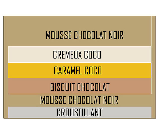 Entremets chocolat noir, coco et caramel : biscuit moelleux, insert crémeux coco, mousse chocolat infusée au thé noir et glaçage miroir