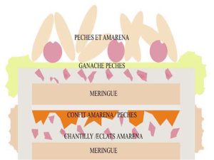 Pavlova amarena, ganache pêche de vigne, meringue suisse