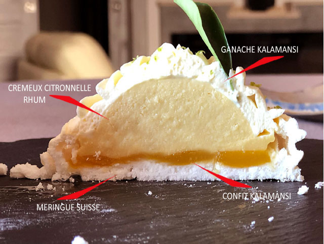 Création pâtissière fraîche et acidulée : meringue suisse croustillante, cœur citronnelle-rhum, confit kalamansi et ganache chocolat blanc montée
