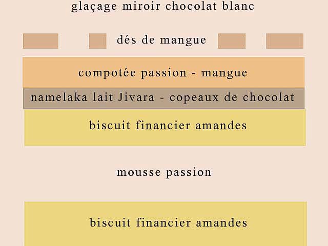 Entremets mangue-passion XXL avec biscuit financier aux amandes, Namelaka chocolat au lait et glaçage miroir bicolore