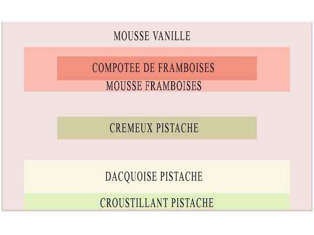 Gâteau d’anniversaire raffiné à la compotée de framboise, crémeux pistache, dacquoise pistache, croustillant pistache et mousse vanille