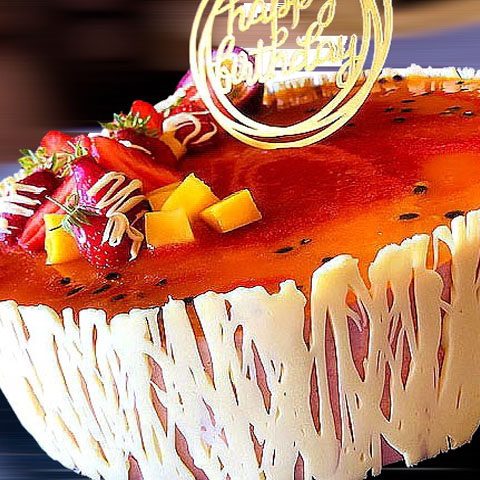 Gâteau d'anniversaire à la fraise, composé d'un biscuit Red Velvet, d'une compotée et brunoise de fraises, une mousse passion mangue, et d'un croustillant à la vanille