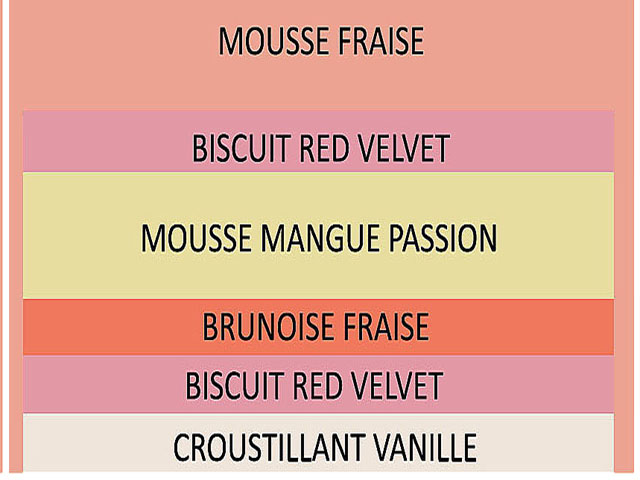 Gâteau d’anniversaire fraise mangue passion coupé, mousses et biscuit red velvet visibles