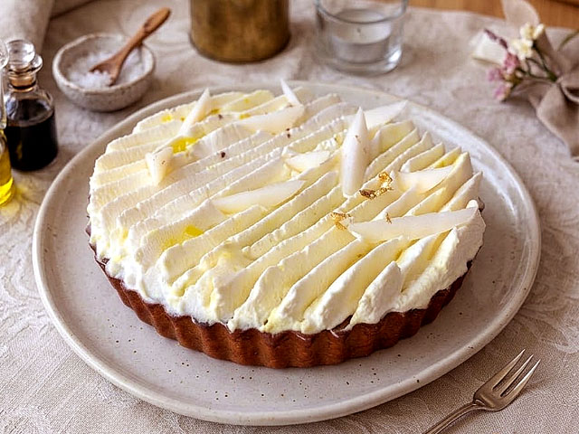 Tarte aux poires, cardamome et badiane avec chantilly vanille