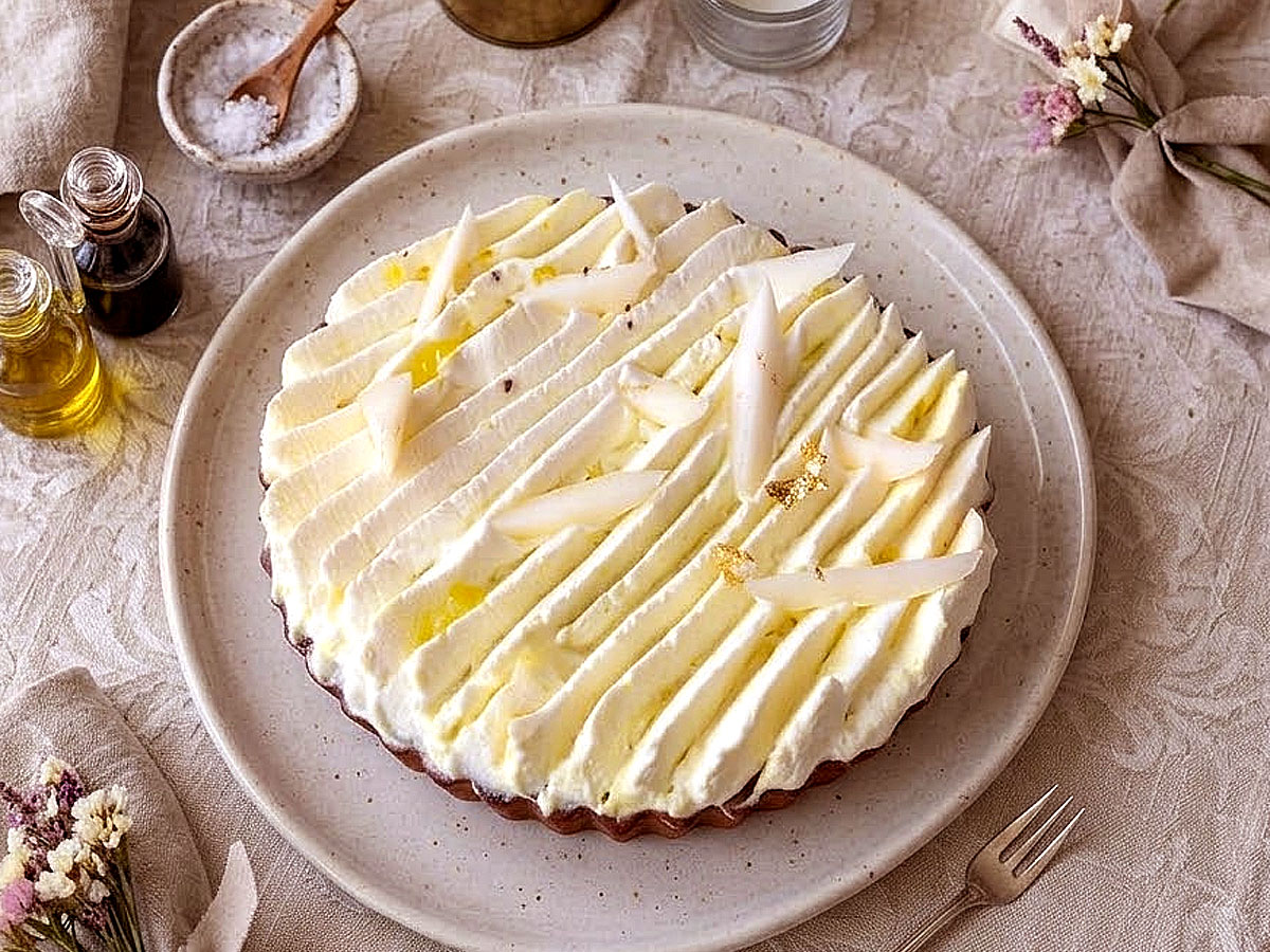 Tarte aux poires cardamome badiane avec poires fondantes, crémeux délicat et chantilly vanille