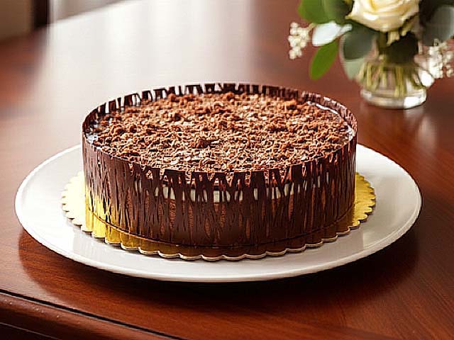 Tranches d’entremets trois chocolats montrant les couches de chocolat et de praliné, parfait pour un goûter ou une fête