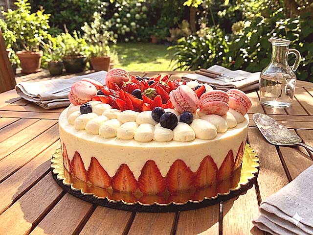 Fraisier crème diplomate vanille décoré de fraises fraîches, myrtilles et macarons à la fraise
