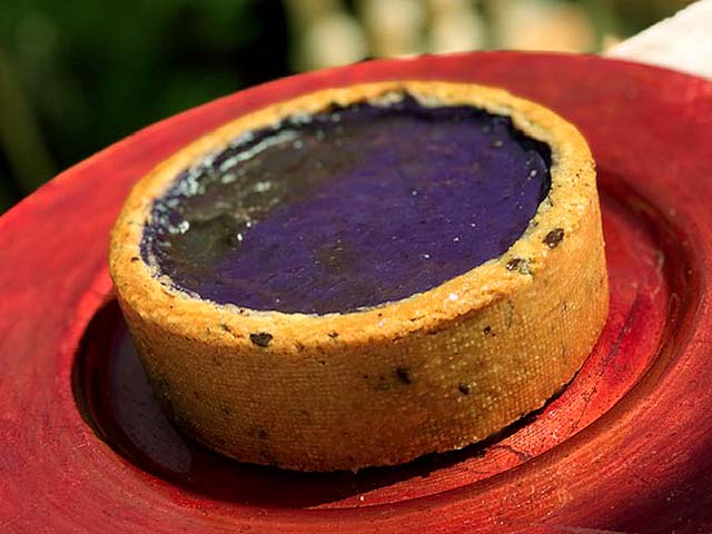 Flankie à l’ube sur pâte cookie chocolat, flan pâtissier violet à l’igname violette avec finition brillante