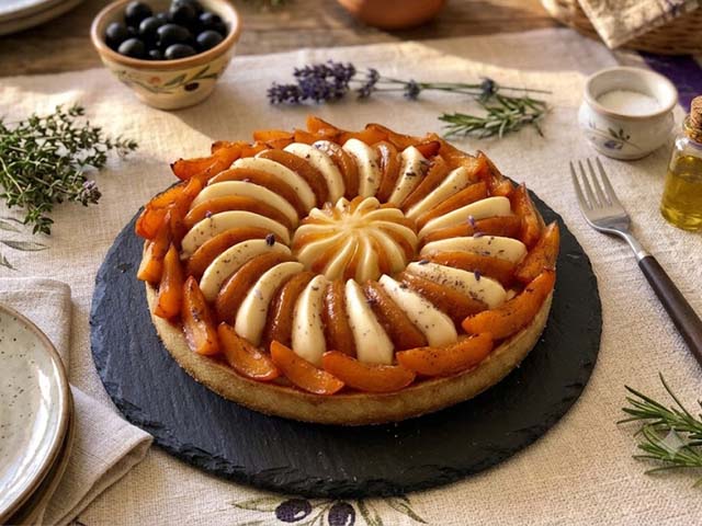 Tarte aux abricots garnie d'un crémeux au chocolat blanc, d'un confit d'abricots et d'abricots rôtis au miel de lavande, décorée de segments d'abricots frais.