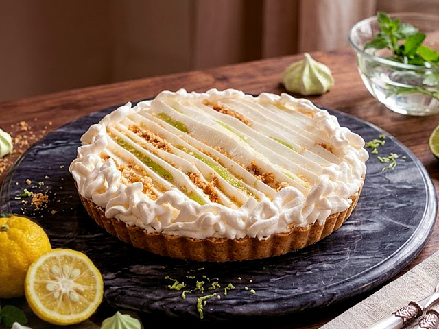 Tarte au yuzu et sésame blanc avec mousse au fromage blanc et meringue italienne